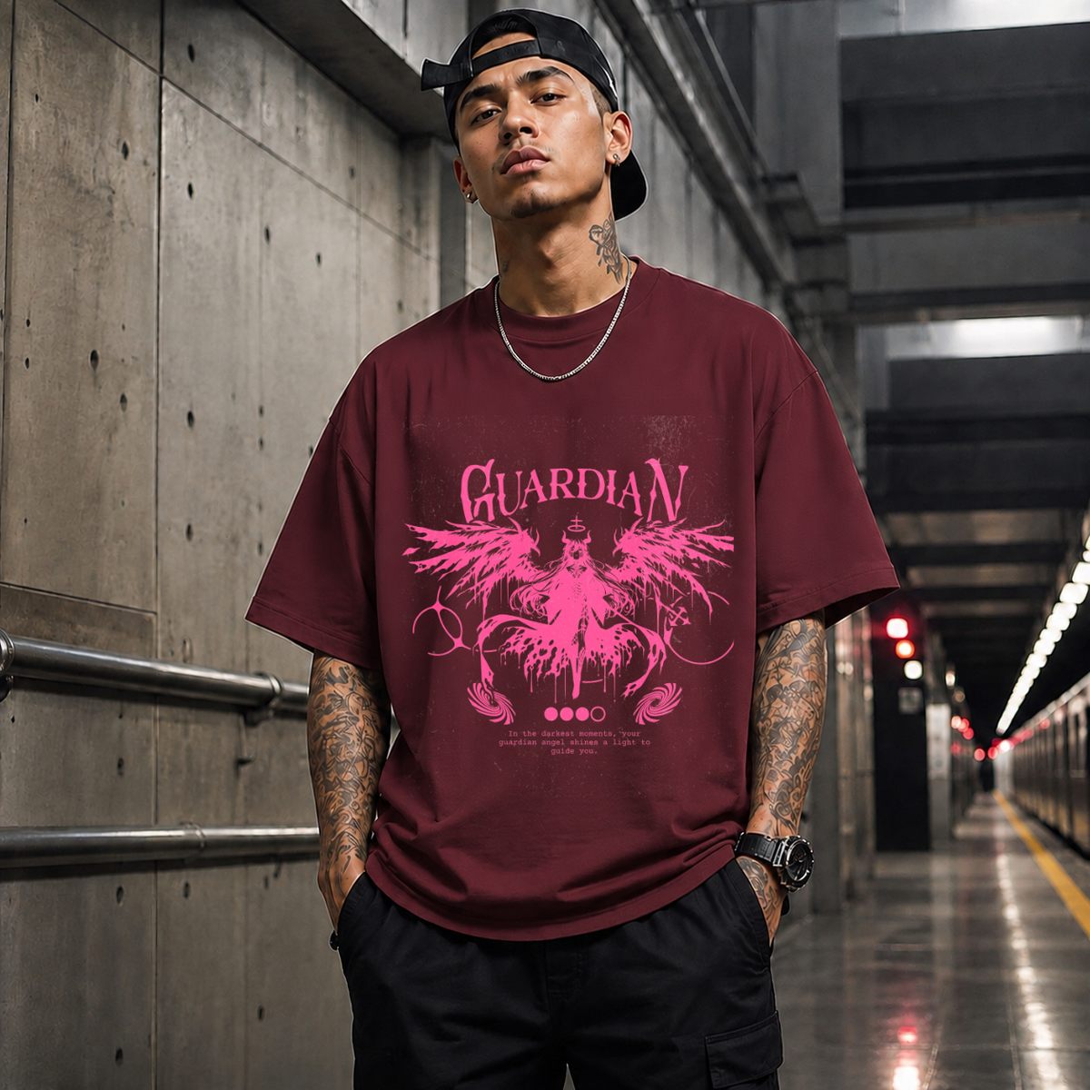 Guardian Angel Wings T-Shirt – Gothic Streetwear Poster Graphic Tee - Color: Maroon