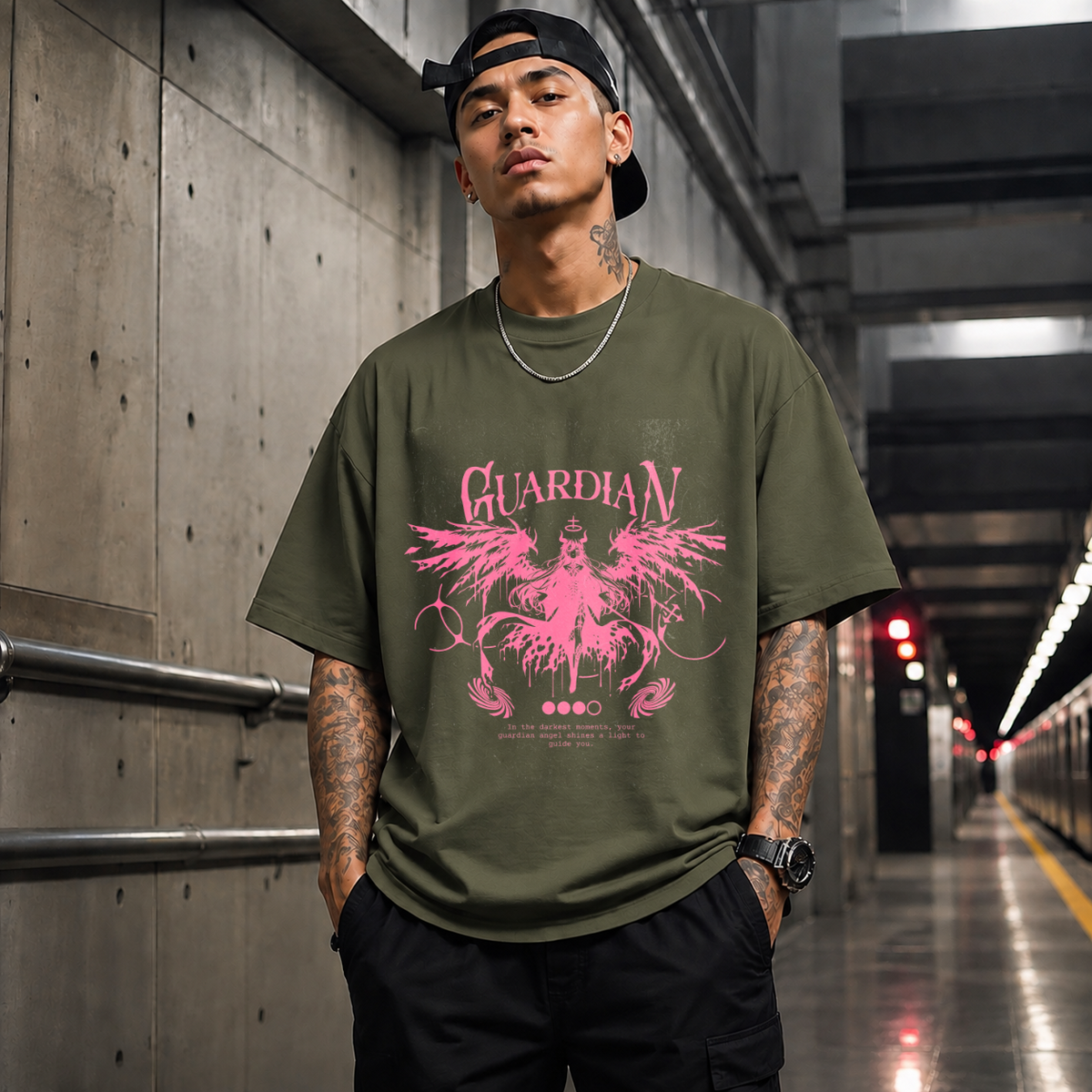 Guardian Angel Wings T-Shirt – Gothic Streetwear Poster Graphic Tee - Color: Military Green