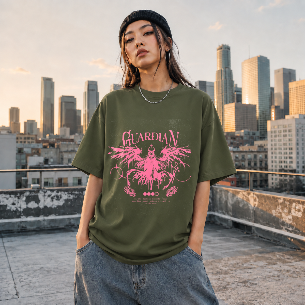 Guardian Angel Wings T-Shirt – Gothic Streetwear Poster Graphic Tee - Color: Millitary Green