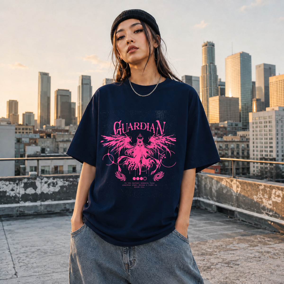Guardian Angel Wings T-Shirt – Gothic Streetwear Poster Graphic Tee - Color: Navy