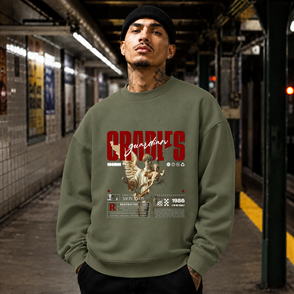 Guardian Cradles Sweatshirt – Gothic Streetwear Poster Graphic Sweatshirt - Color: military green