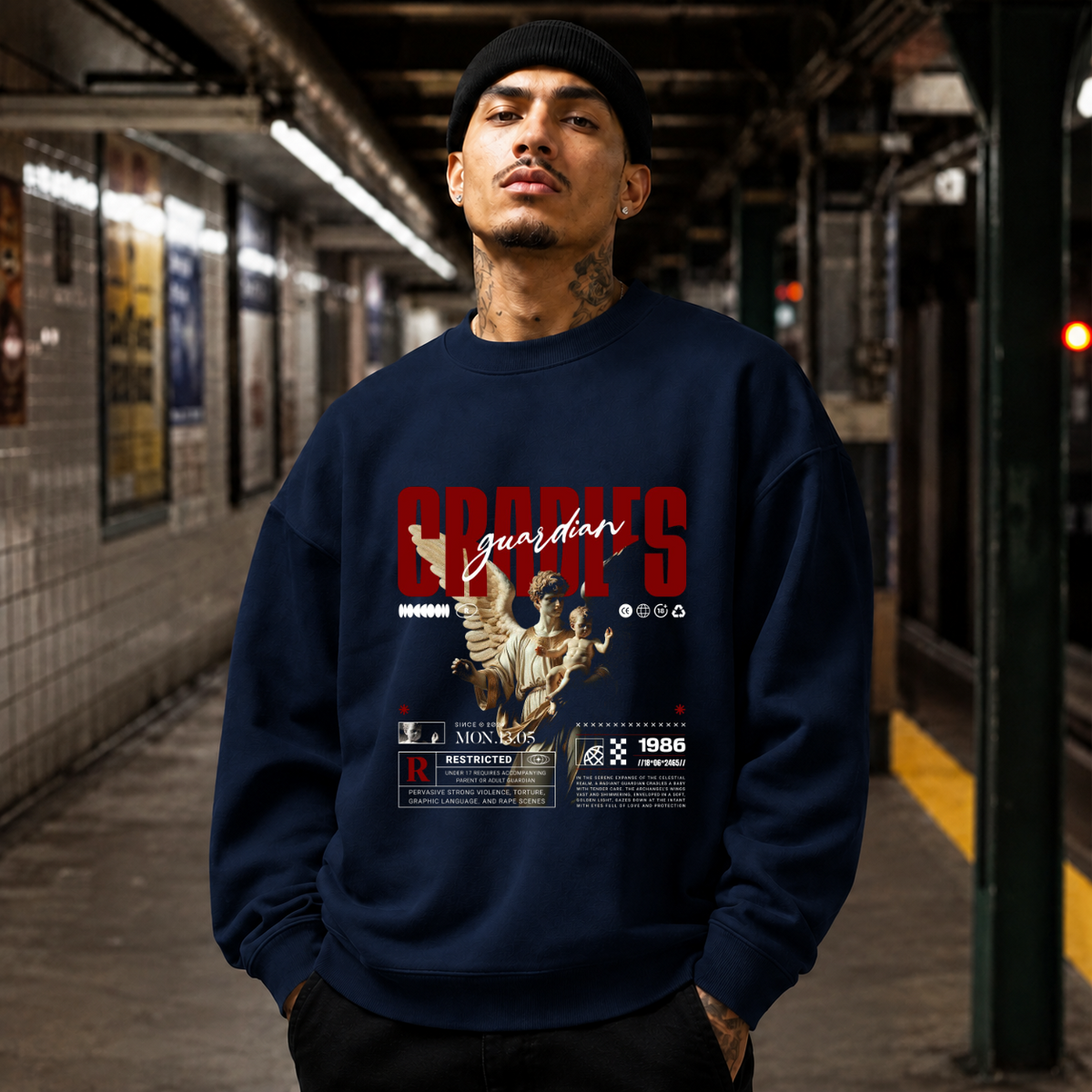 Guardian Cradles Sweatshirt – Gothic Streetwear Poster Graphic Sweatshirt - Color: navy