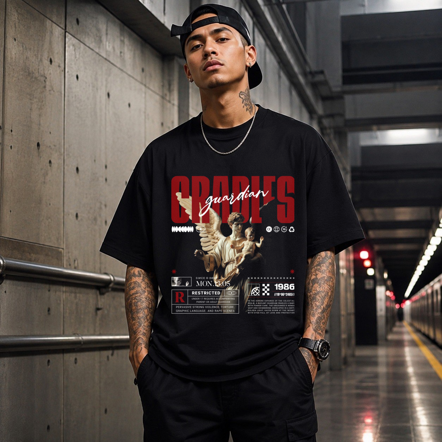 Guardian Cradles T-Shirt – Gothic Streetwear Poster Graphic Tee - Color: Black