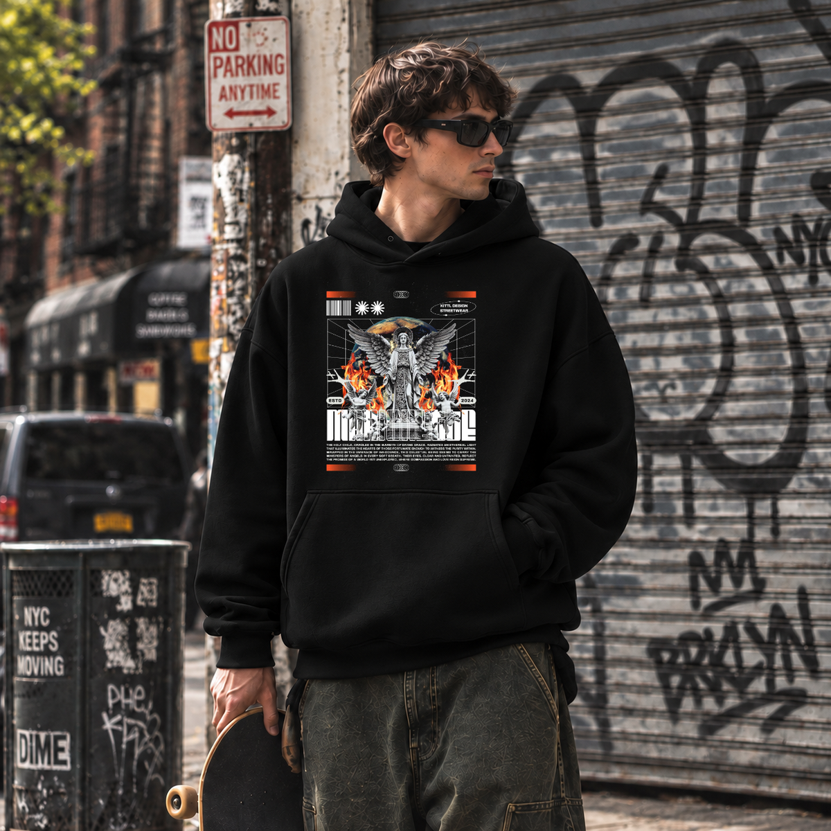 Guardian Flame Angel Hoodie – Gothic Streetwear Poster Graphic Hoodie - Color: black