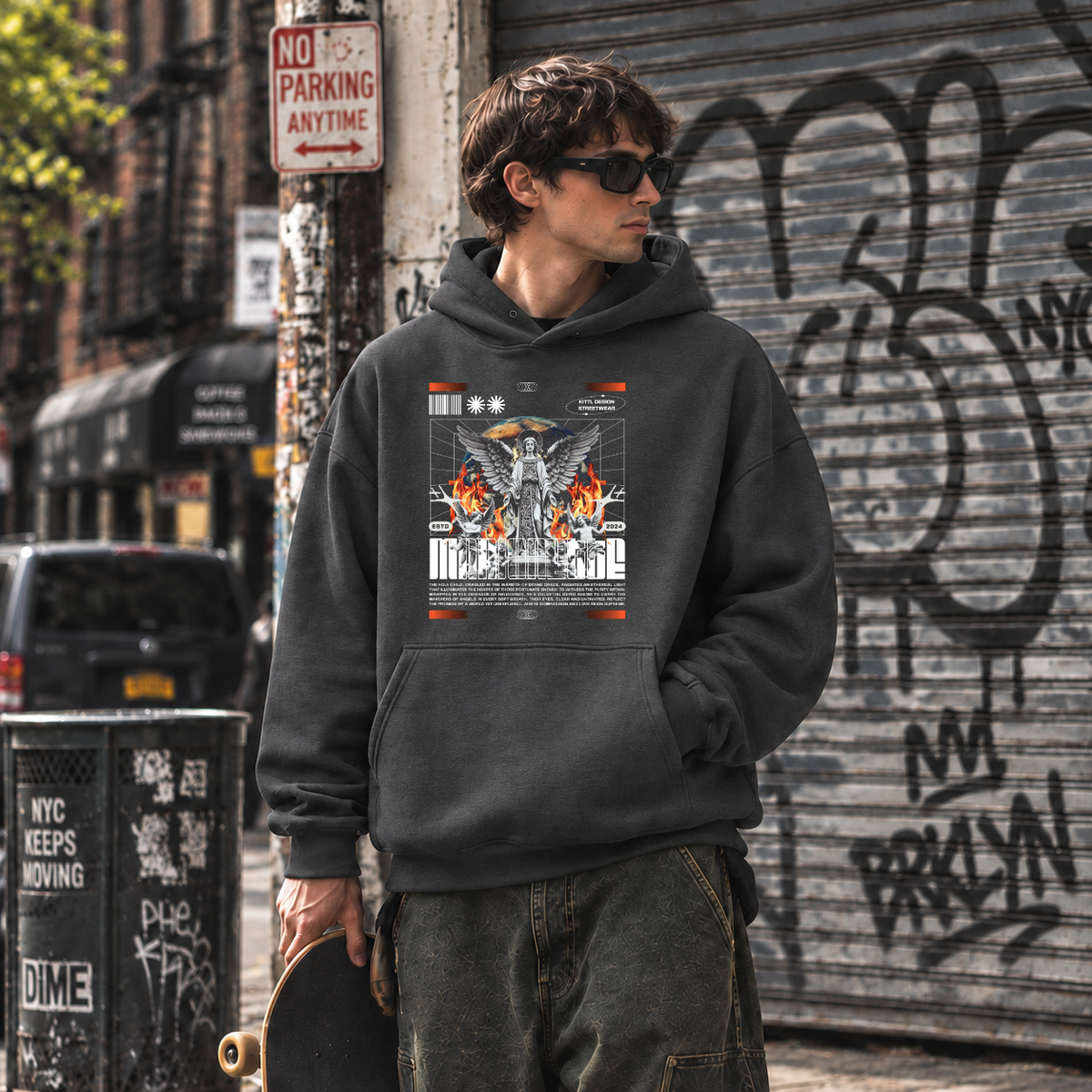 Guardian Flame Angel Hoodie – Gothic Streetwear Poster Graphic Hoodie - Color: dark heather