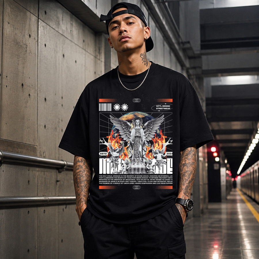 Guardian Flame Angel T-Shirt – Gothic Streetwear Poster Graphic Tee - Color: Black