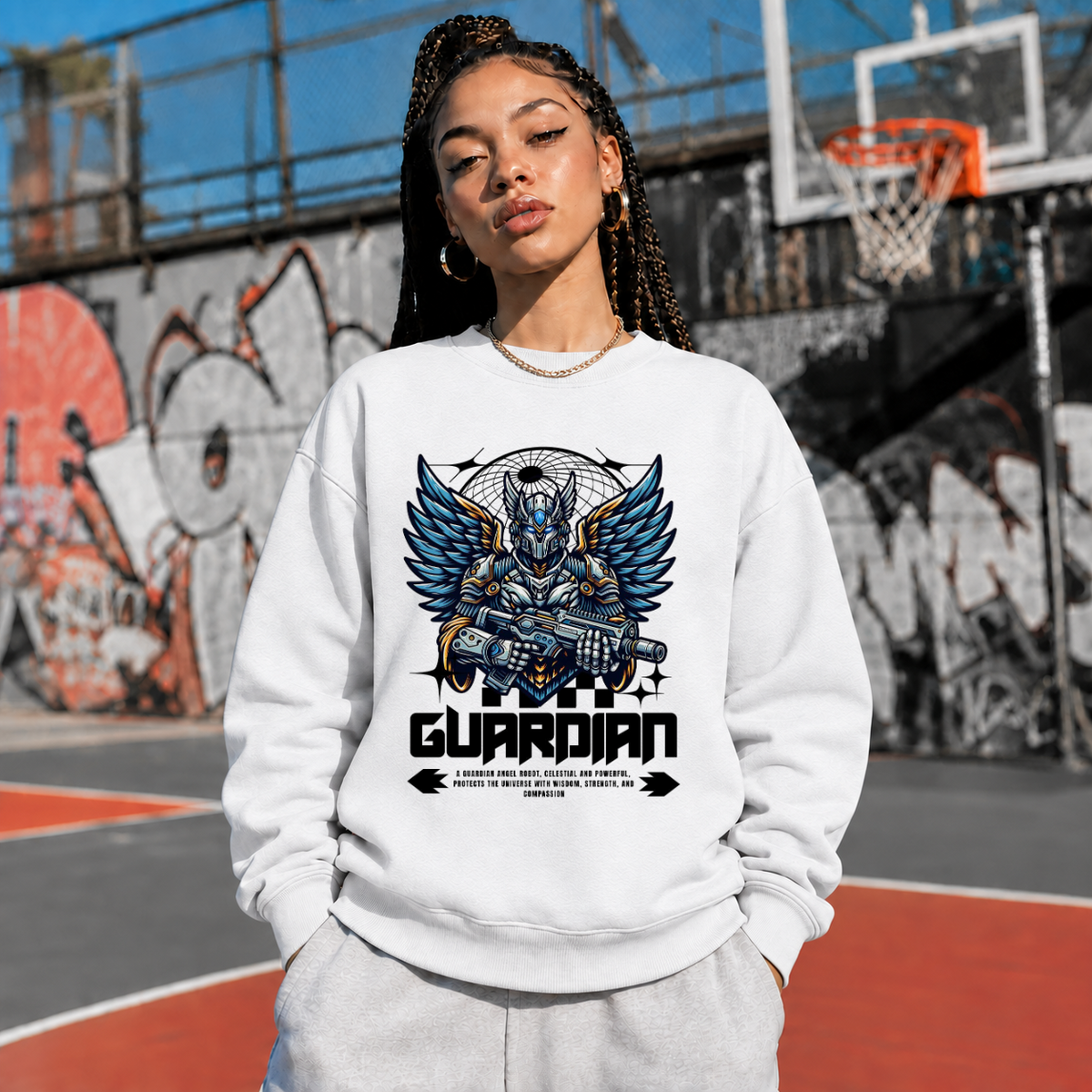 Guardian Mecha Knight Badge Sweatshirt – Contemporary Gothic Graphic Design Sweatshirt - Color: ash
