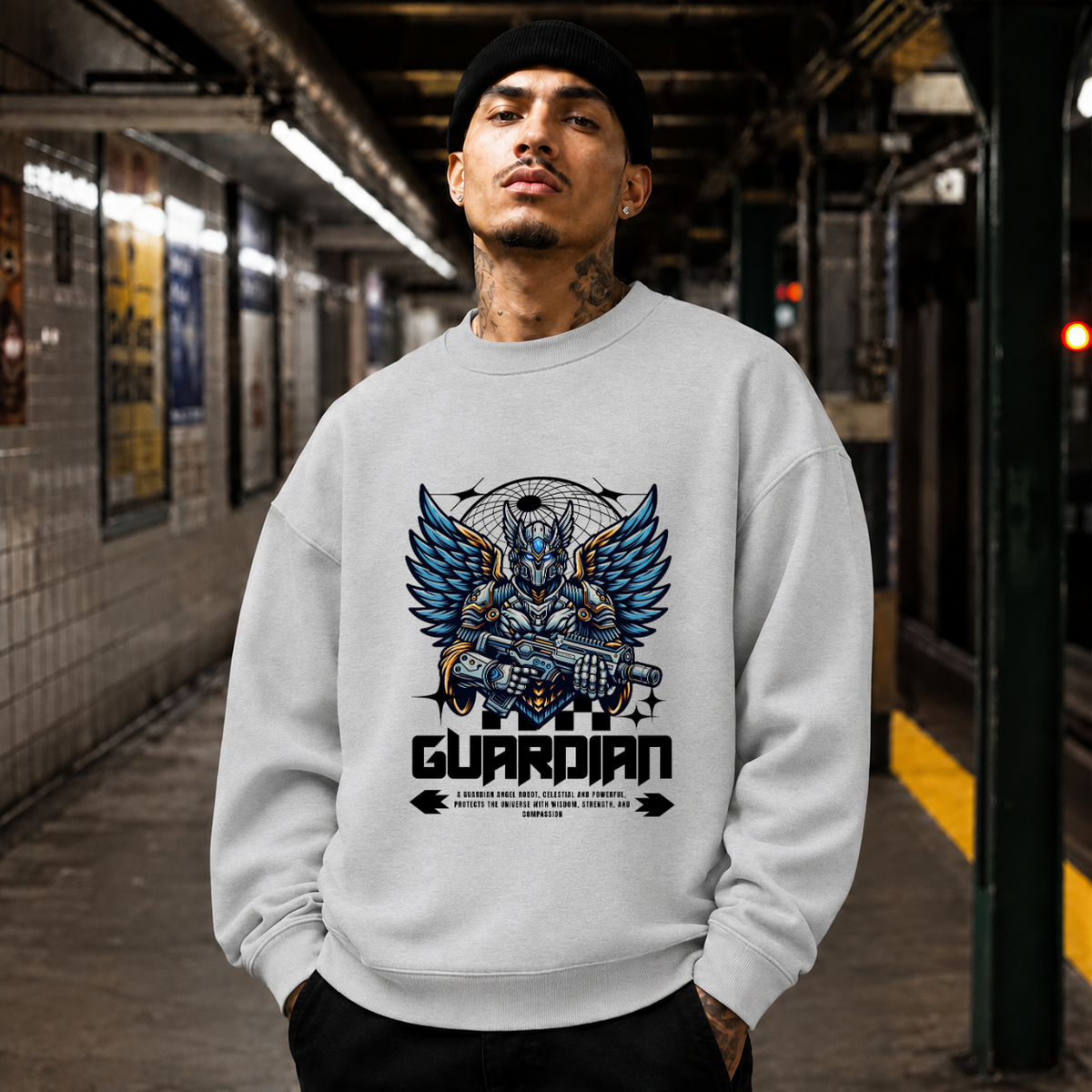 Guardian Mecha Knight Badge Sweatshirt – Contemporary Gothic Graphic Design Sweatshirt - Color: sport grey