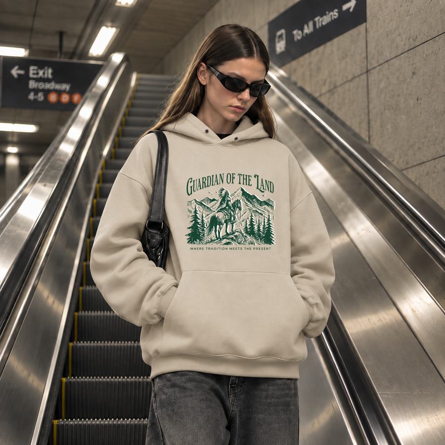 Guardian of the Land Mountain Badge Hoodie – Gothic Streetwear Poster Graphic Hoodie - Color: sand