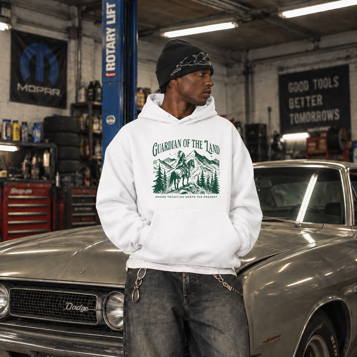 Guardian of the Land Mountain Badge Hoodie – Gothic Streetwear Poster Graphic Hoodie - Color: white