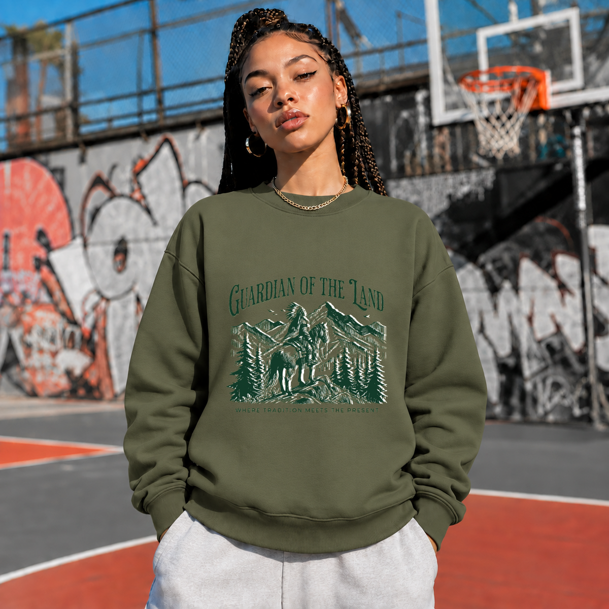 Guardian of the Land Mountain Badge Sweatshirt – Gothic Streetwear Poster Graphic Sweatshirt - Color: military green