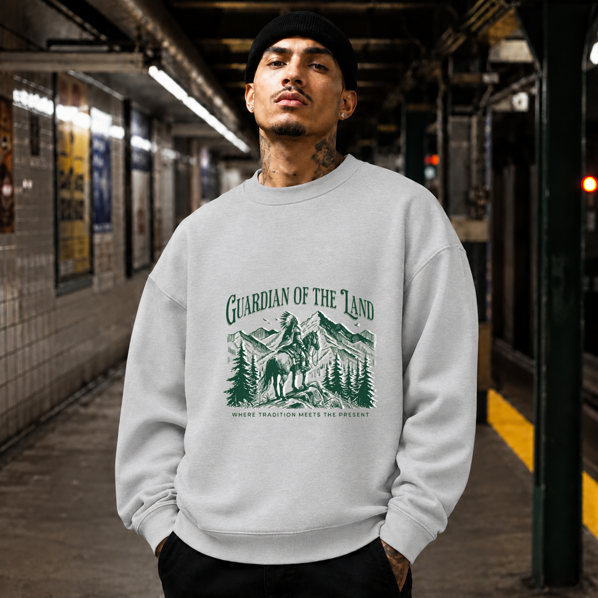 Guardian of the Land Mountain Badge Sweatshirt – Gothic Streetwear Poster Graphic Sweatshirt - Color: sport grey