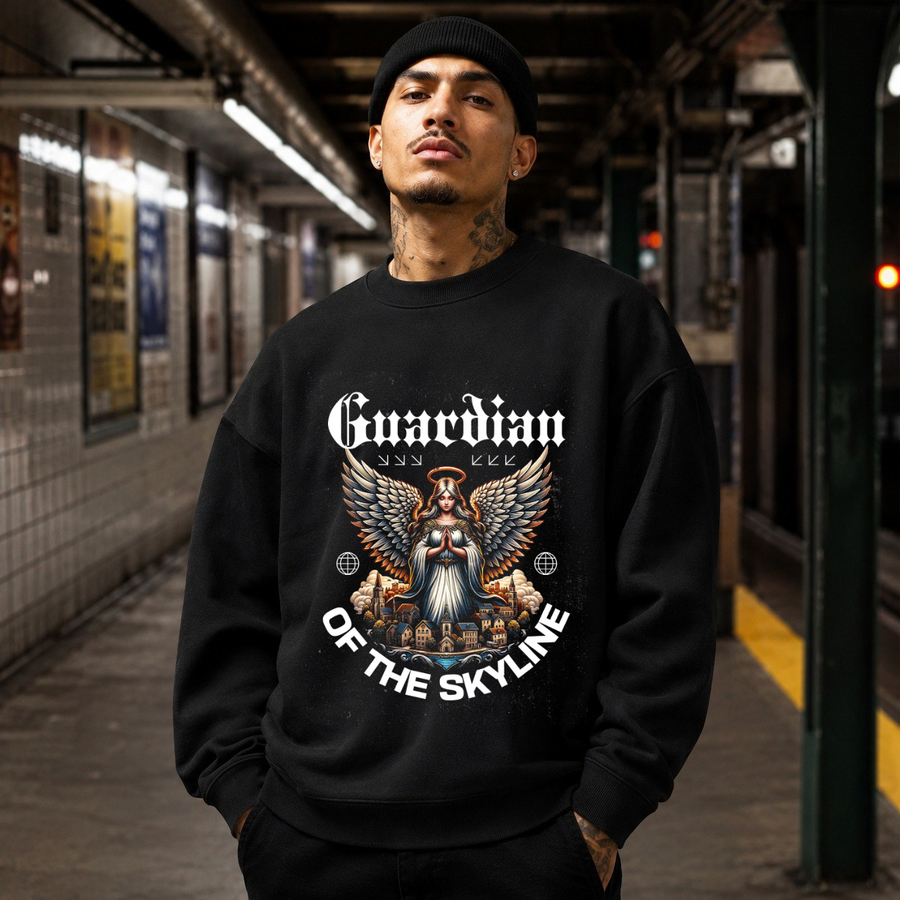 Guardian of the Skyline Angel Warrior Sweatshirt – Gothic Streetwear Poster Graphic Sweatshirt - Color: black