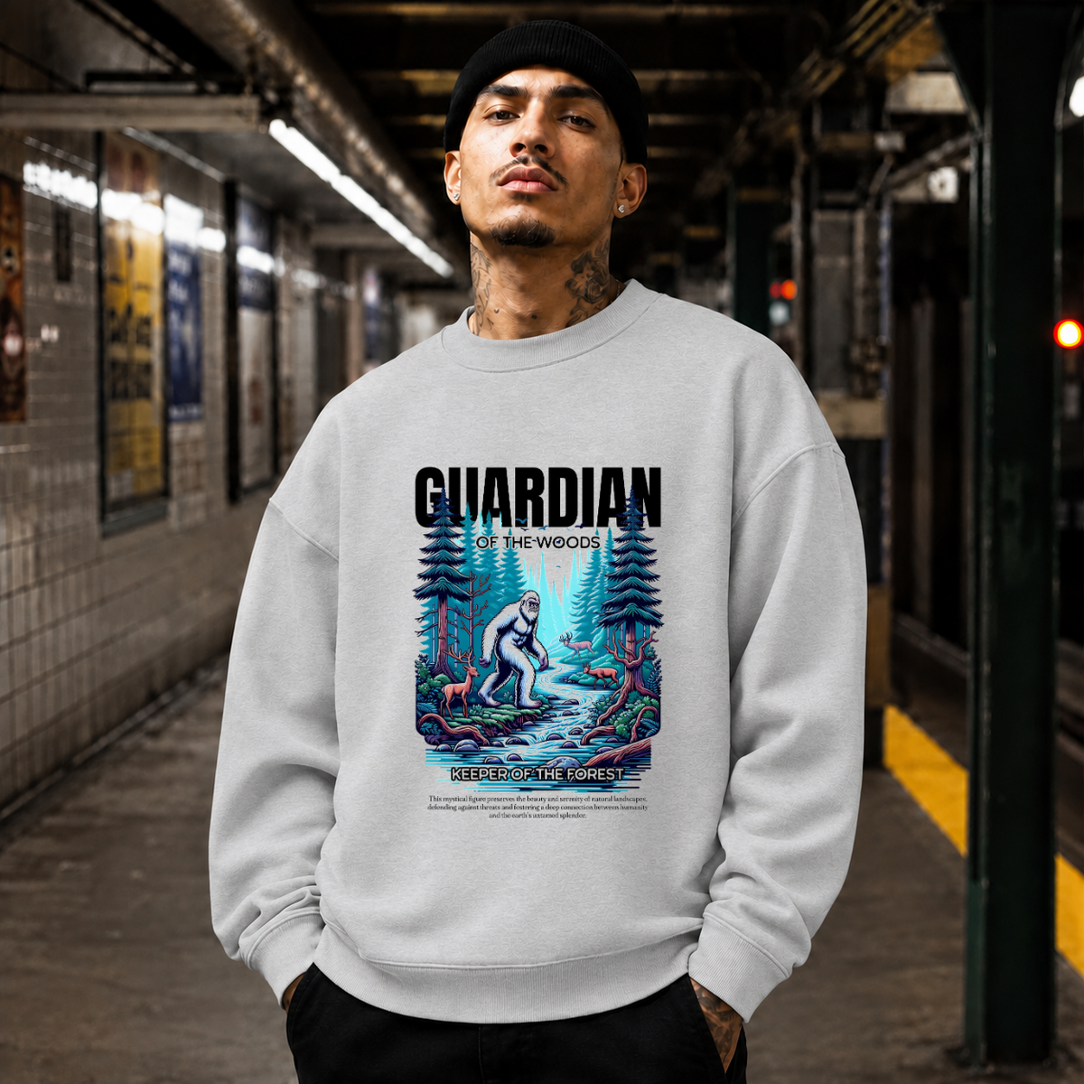 Guardian of the Woods Forest Keeper Sweatshirt – Gothic Streetwear Poster Graphic Sweatshirt - Color: sport grey