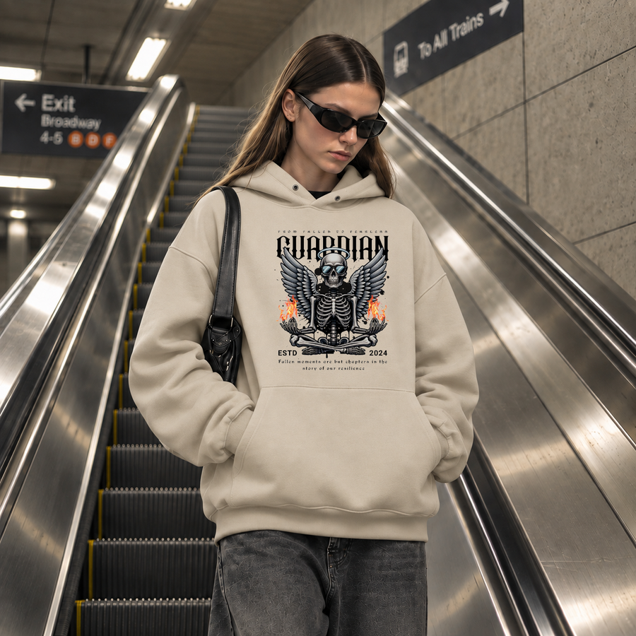 Guardian Skull Wings Fallen to Fearless Hoodie – Gothic Streetwear Poster Graphic Hoodie - Color: sand