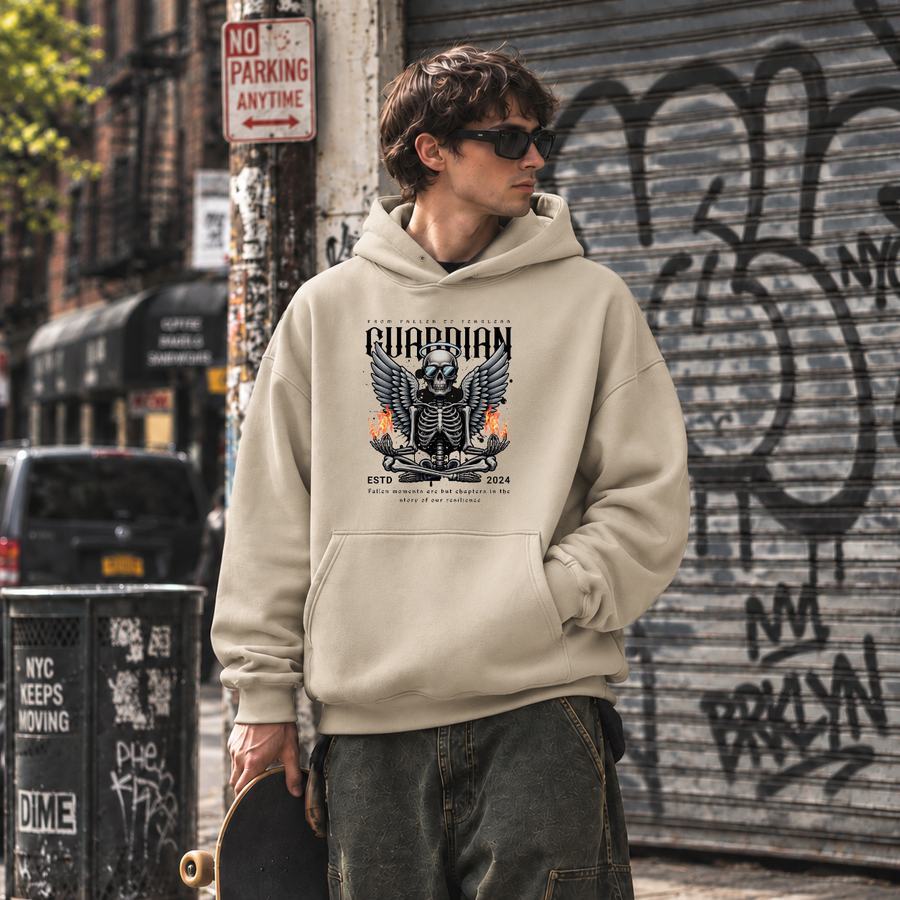 Guardian Skull Wings Fallen to Fearless Hoodie – Gothic Streetwear Poster Graphic Hoodie - Color: sand