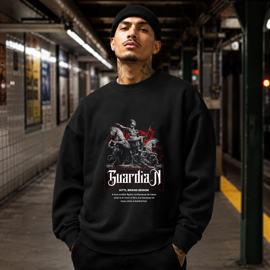 Guardian Soldier Statue Sweatshirt – Gothic Streetwear Poster Graphic Sweatshirt - Color: black