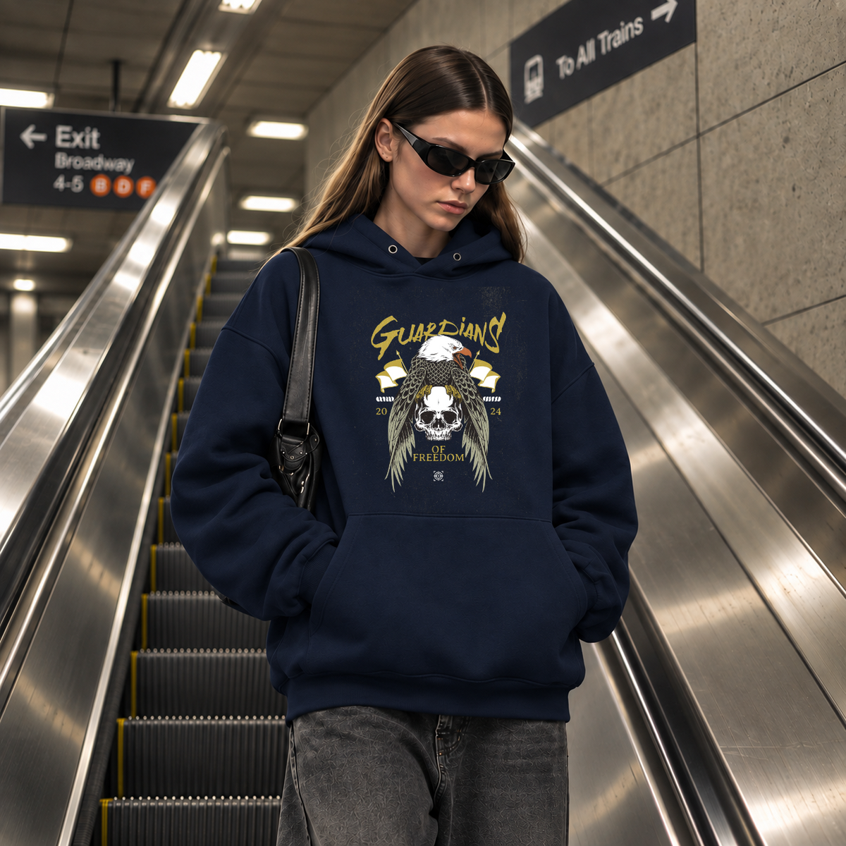 Guardians of Freedom Eagle Skull Hoodie – Gothic Streetwear Poster Graphic Hoodie - Color: navy