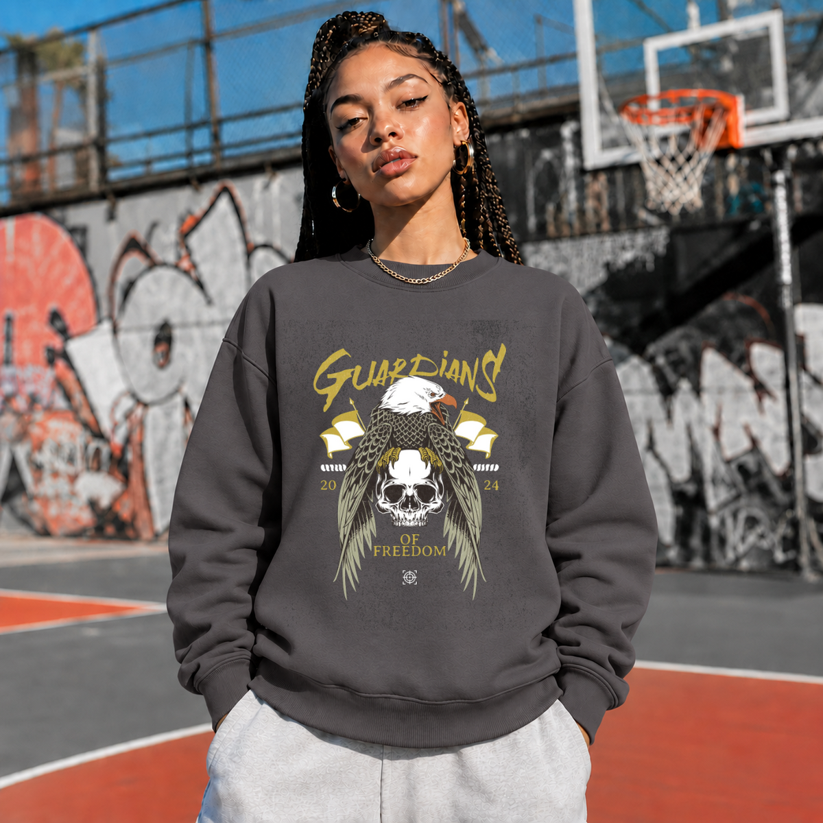 Guardians of Freedom Eagle Skull Sweatshirt – Gothic Streetwear Poster Graphic Sweatshirt - Color: charcoal