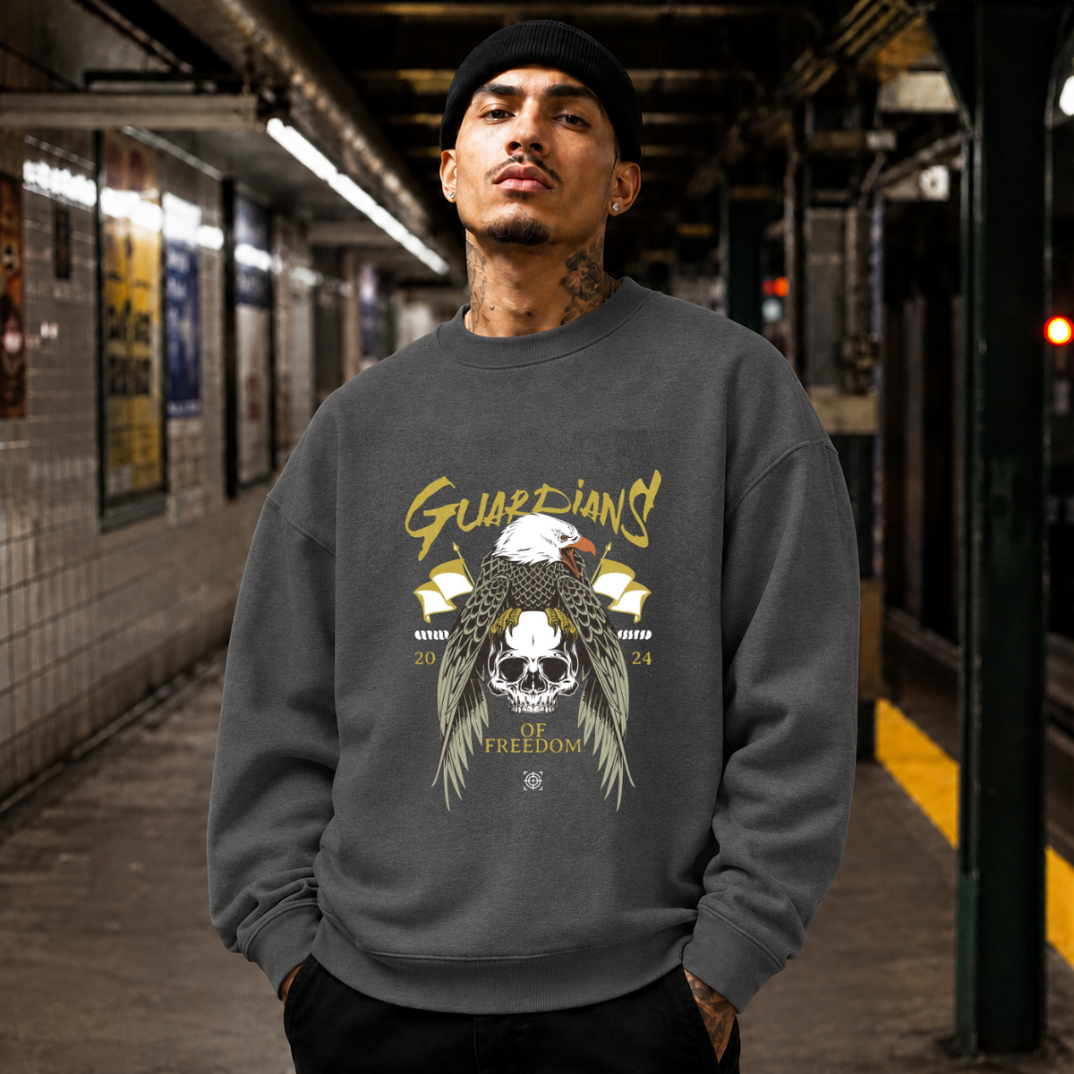 Guardians of Freedom Eagle Skull Sweatshirt – Gothic Streetwear Poster Graphic Sweatshirt - Color: dark heather