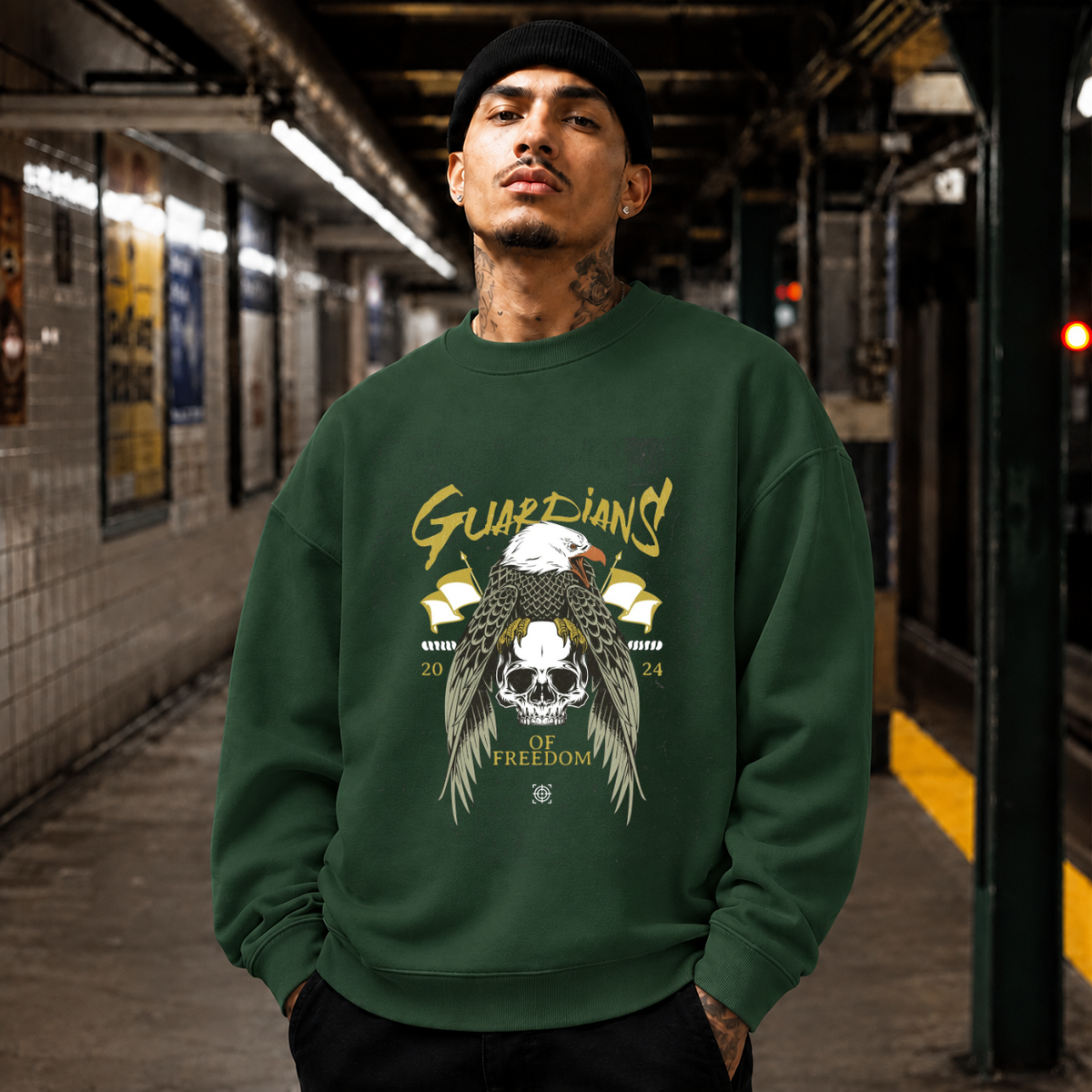Guardians of Freedom Eagle Skull Sweatshirt – Gothic Streetwear Poster Graphic Sweatshirt - Color: forest green