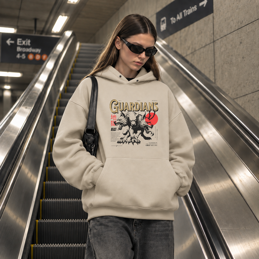 Guardians Wolf Beast Underworld Hoodie – Gothic Streetwear Poster Graphic Hoodie - Color: sand