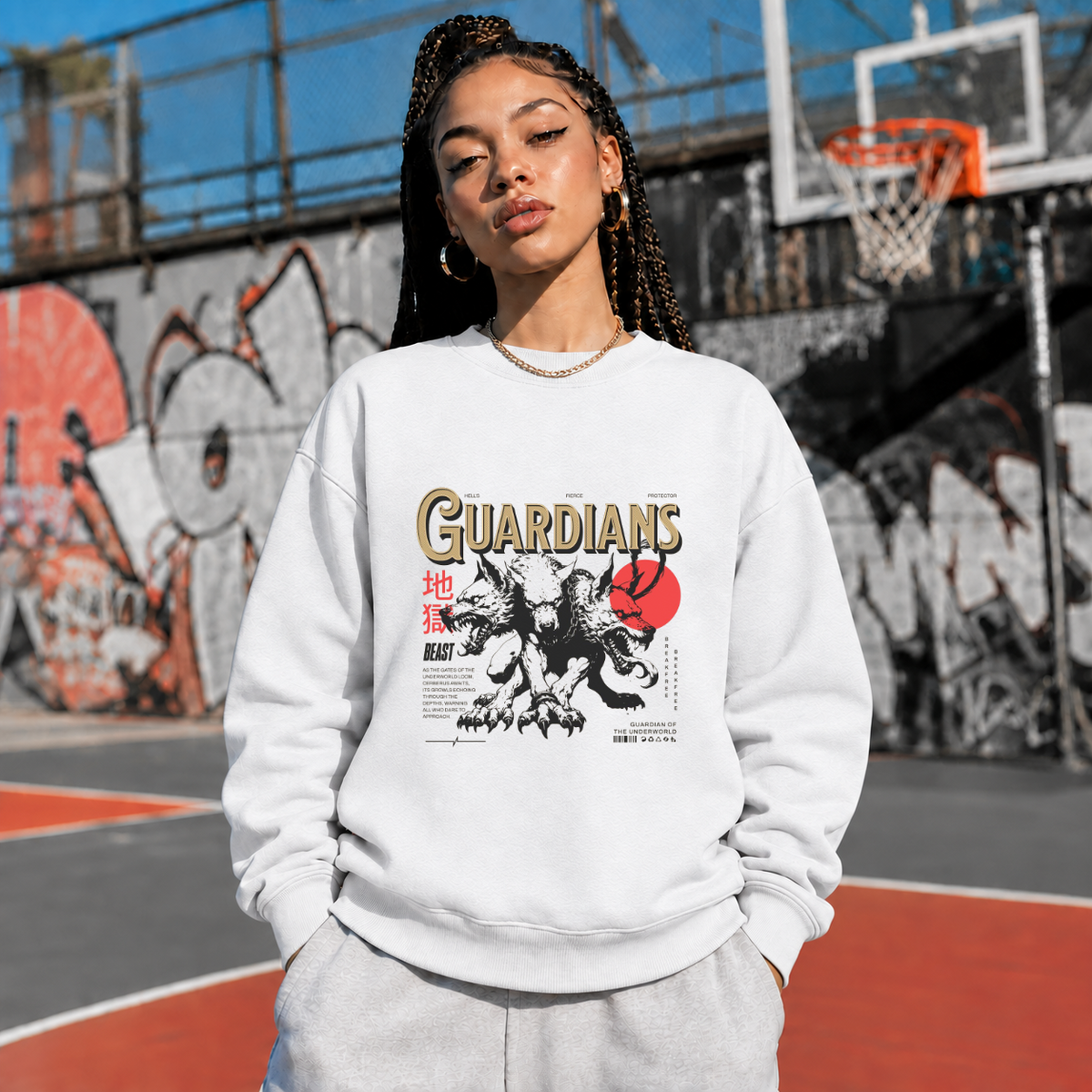 Guardians Wolf Beast Underworld Sweatshirt – Gothic Streetwear Poster Graphic Sweatshirt - Color: ash