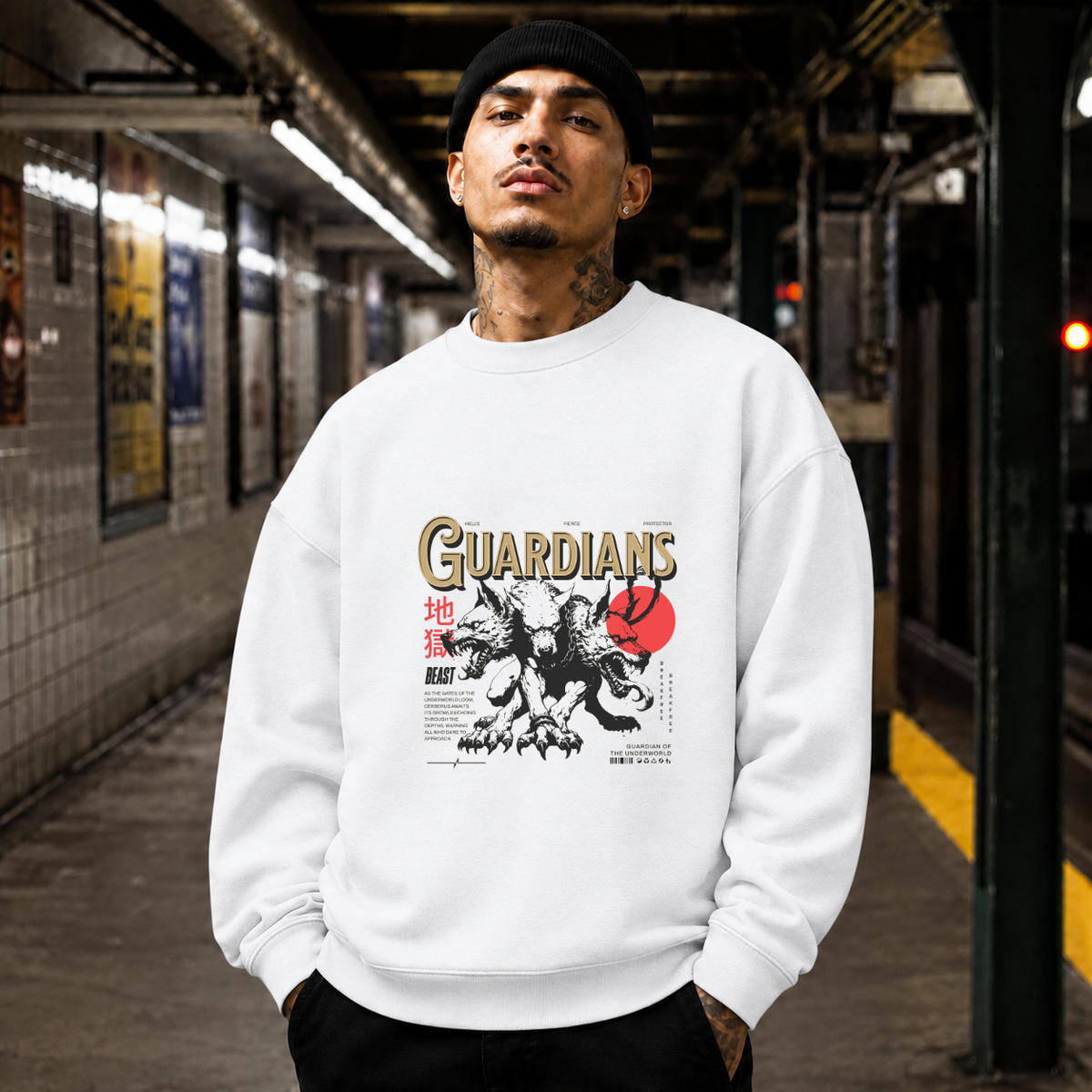 Guardians Wolf Beast Underworld Sweatshirt – Gothic Streetwear Poster Graphic Sweatshirt - Color: ash