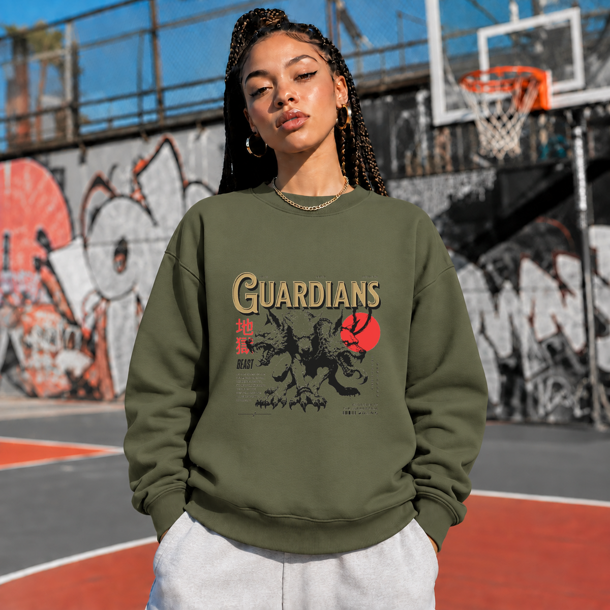Guardians Wolf Beast Underworld Sweatshirt – Gothic Streetwear Poster Graphic Sweatshirt - Color: military green