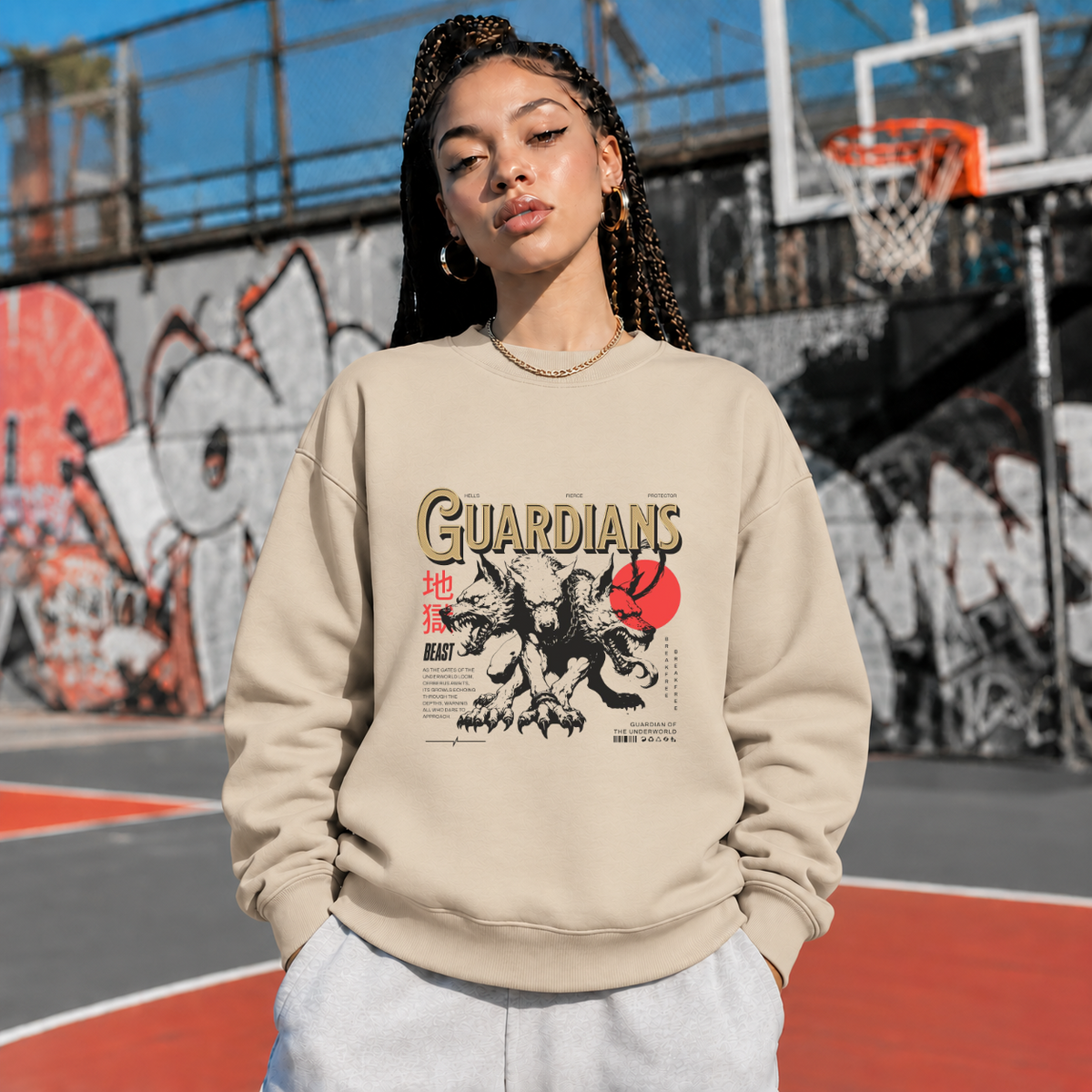 Guardians Wolf Beast Underworld Sweatshirt – Gothic Streetwear Poster Graphic Sweatshirt - Color: sand