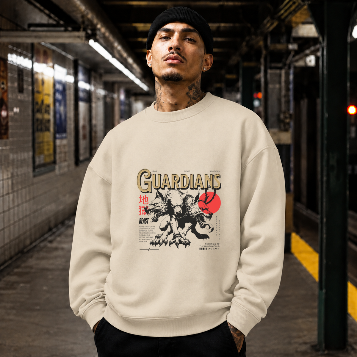 Guardians Wolf Beast Underworld Sweatshirt – Gothic Streetwear Poster Graphic Sweatshirt - Color: sand