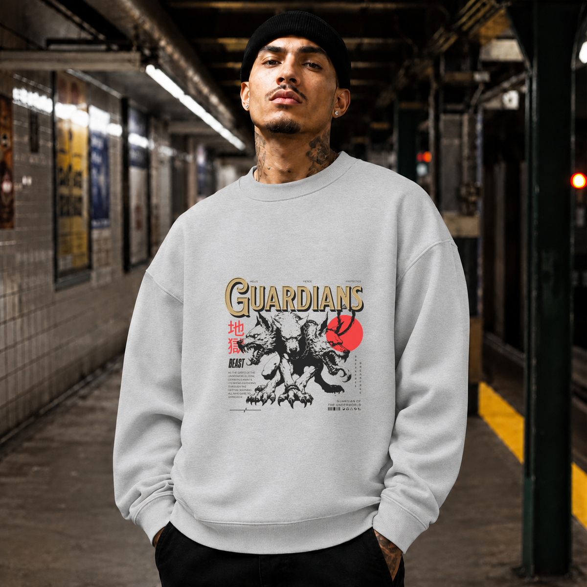 Guardians Wolf Beast Underworld Sweatshirt – Gothic Streetwear Poster Graphic Sweatshirt - Color: sport grey