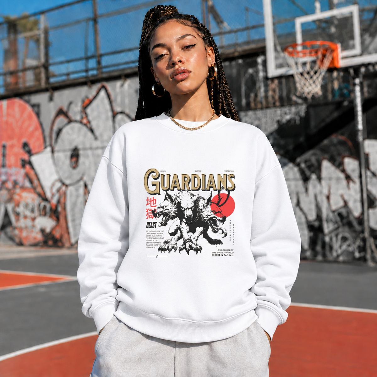 Guardians Wolf Beast Underworld Sweatshirt – Gothic Streetwear Poster Graphic Sweatshirt - Color: white