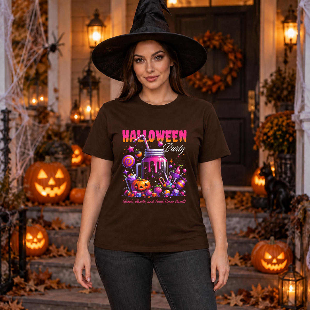 Halloween Party T-Shirt – Halloween Streetwear Graphic Graphic Tee - Color: chocolate