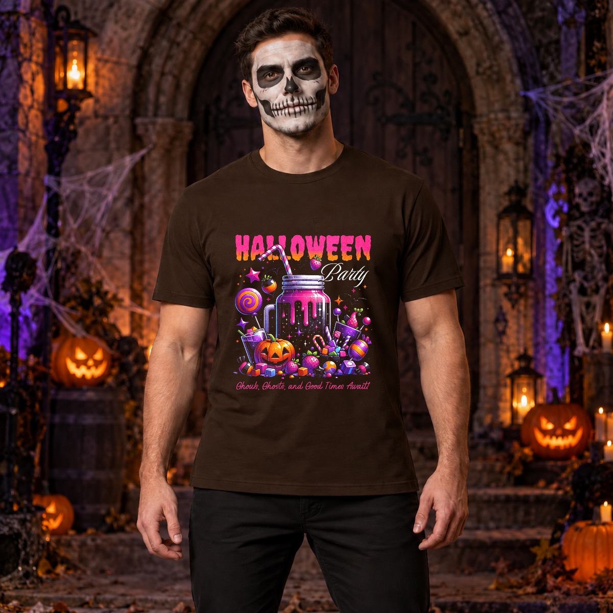 Halloween Party T-Shirt – Halloween Streetwear Graphic Graphic Tee - Color: chocolate