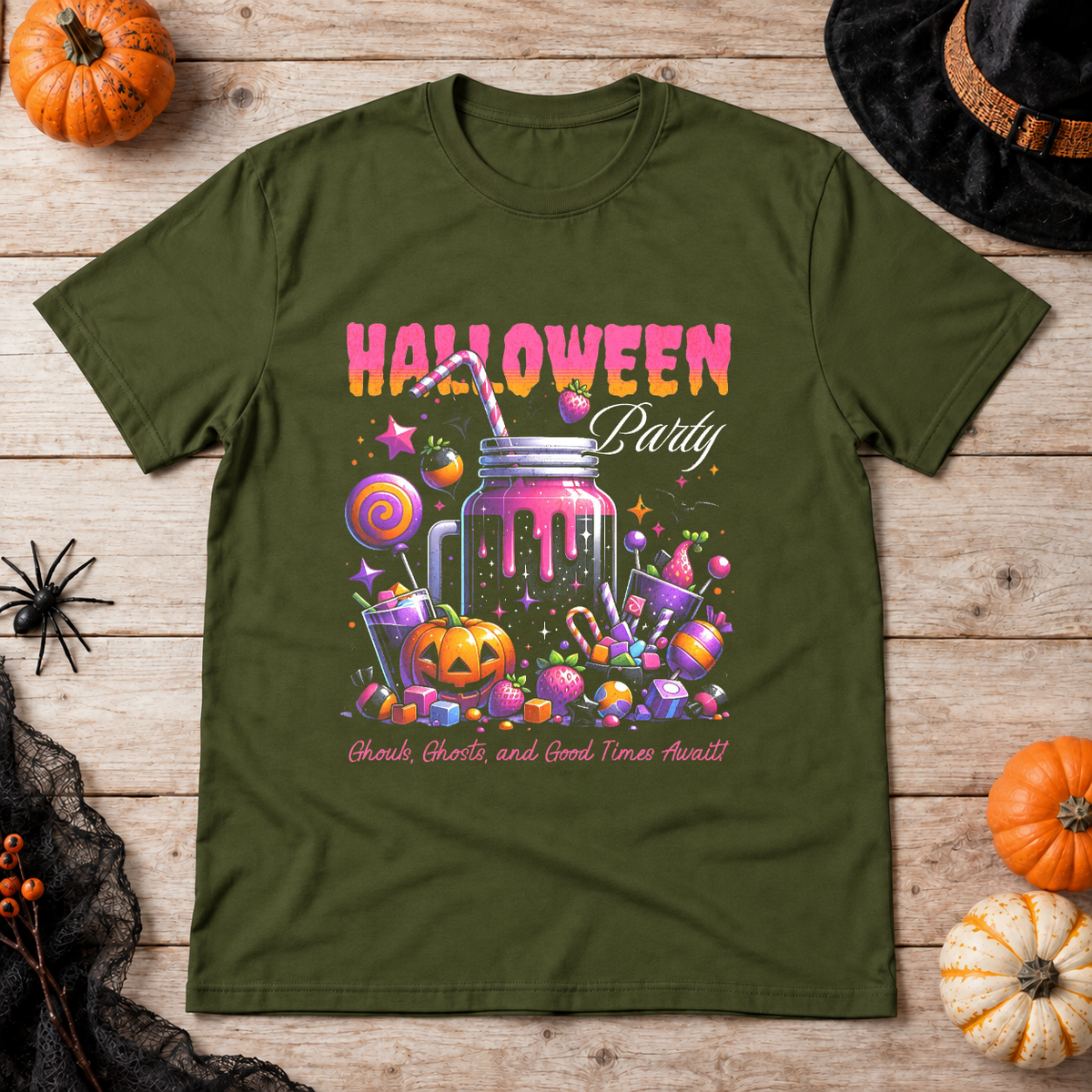 Halloween Party T-Shirt – Halloween Streetwear Graphic Graphic Tee - Color: military green