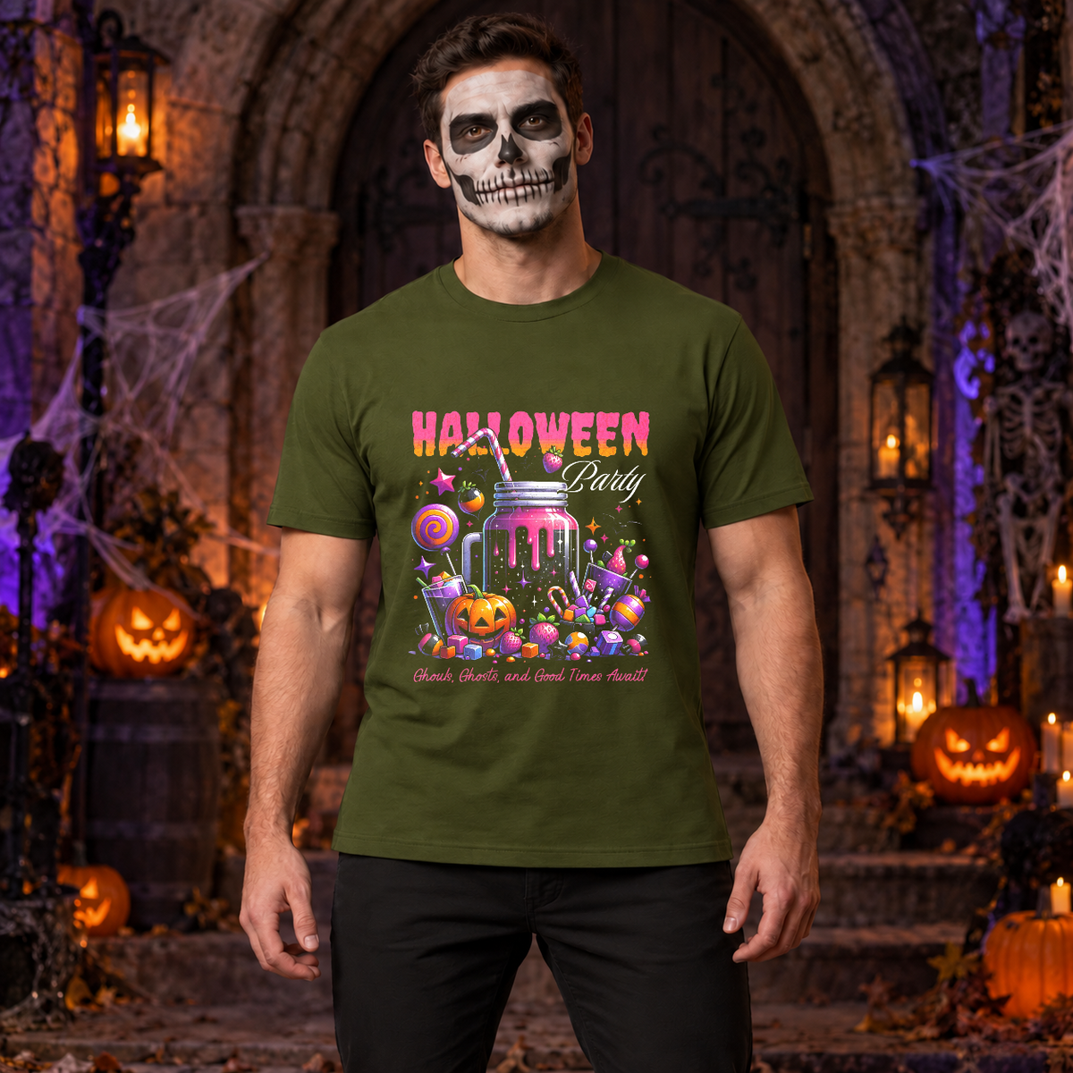 Halloween Party T-Shirt – Halloween Streetwear Graphic Graphic Tee - Color: military green