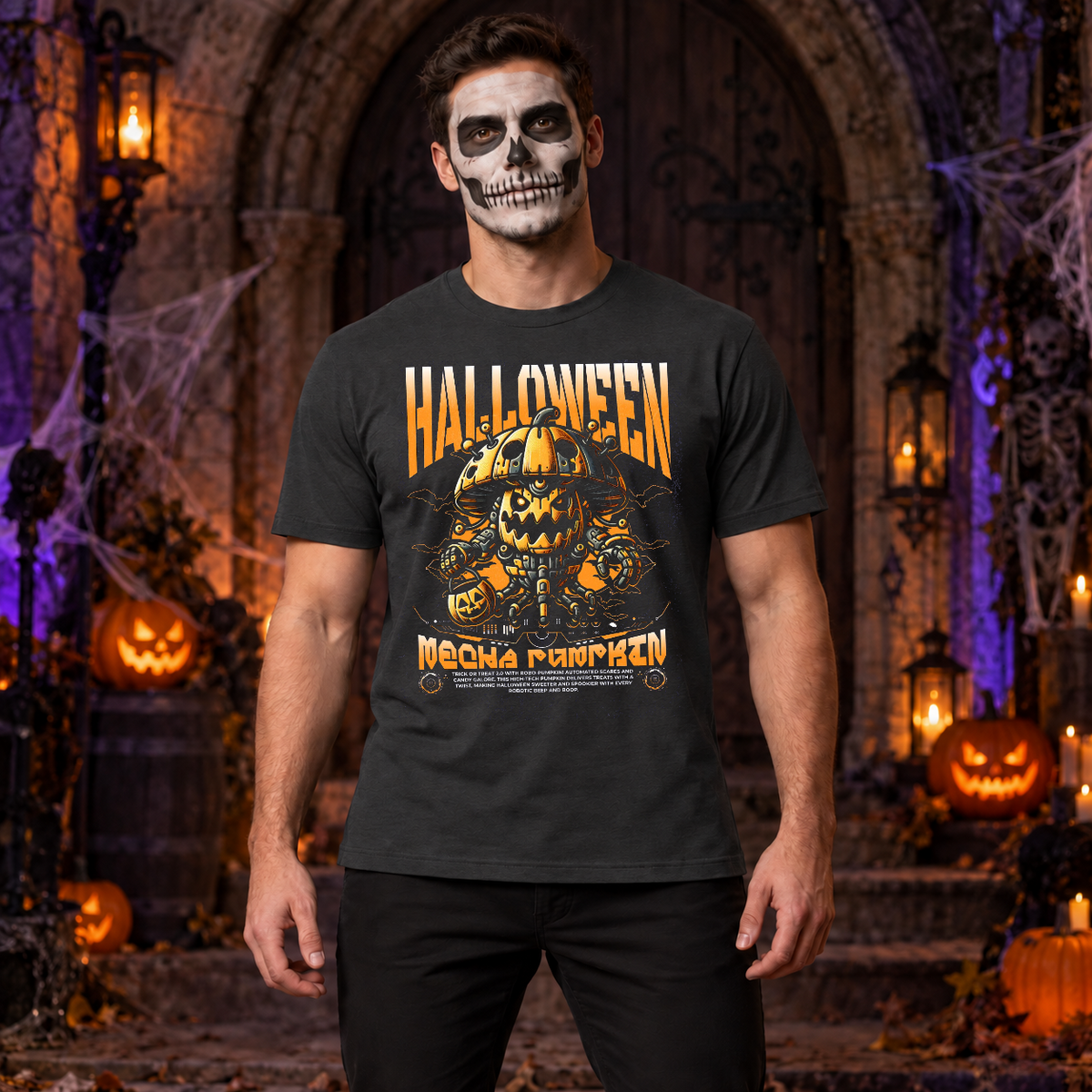 Halloween Pumpkin Sci-fi Future Trick Or Treat T-Shirt – Halloween Streetwear Graphic Graphic Tee - Color: charcoal