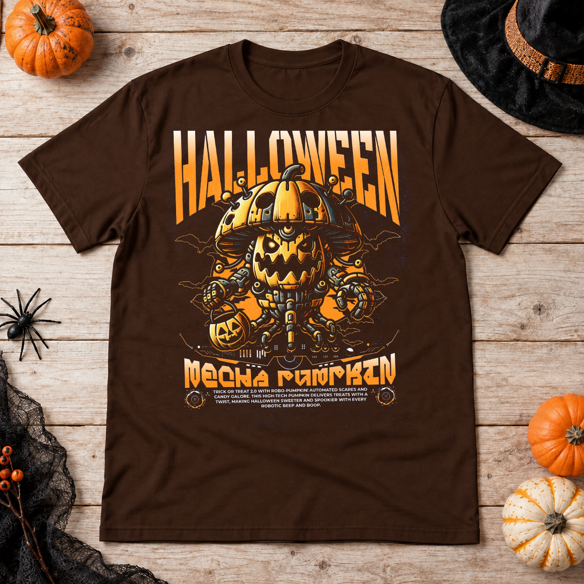 Halloween Pumpkin Sci-fi Future Trick Or Treat T-Shirt – Halloween Streetwear Graphic Graphic Tee - Color: chocolate