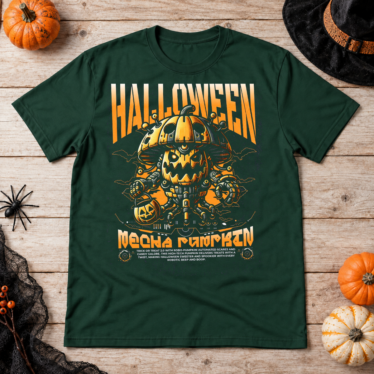 Halloween Pumpkin Sci-fi Future Trick Or Treat T-Shirt – Halloween Streetwear Graphic Graphic Tee - Color: forest green