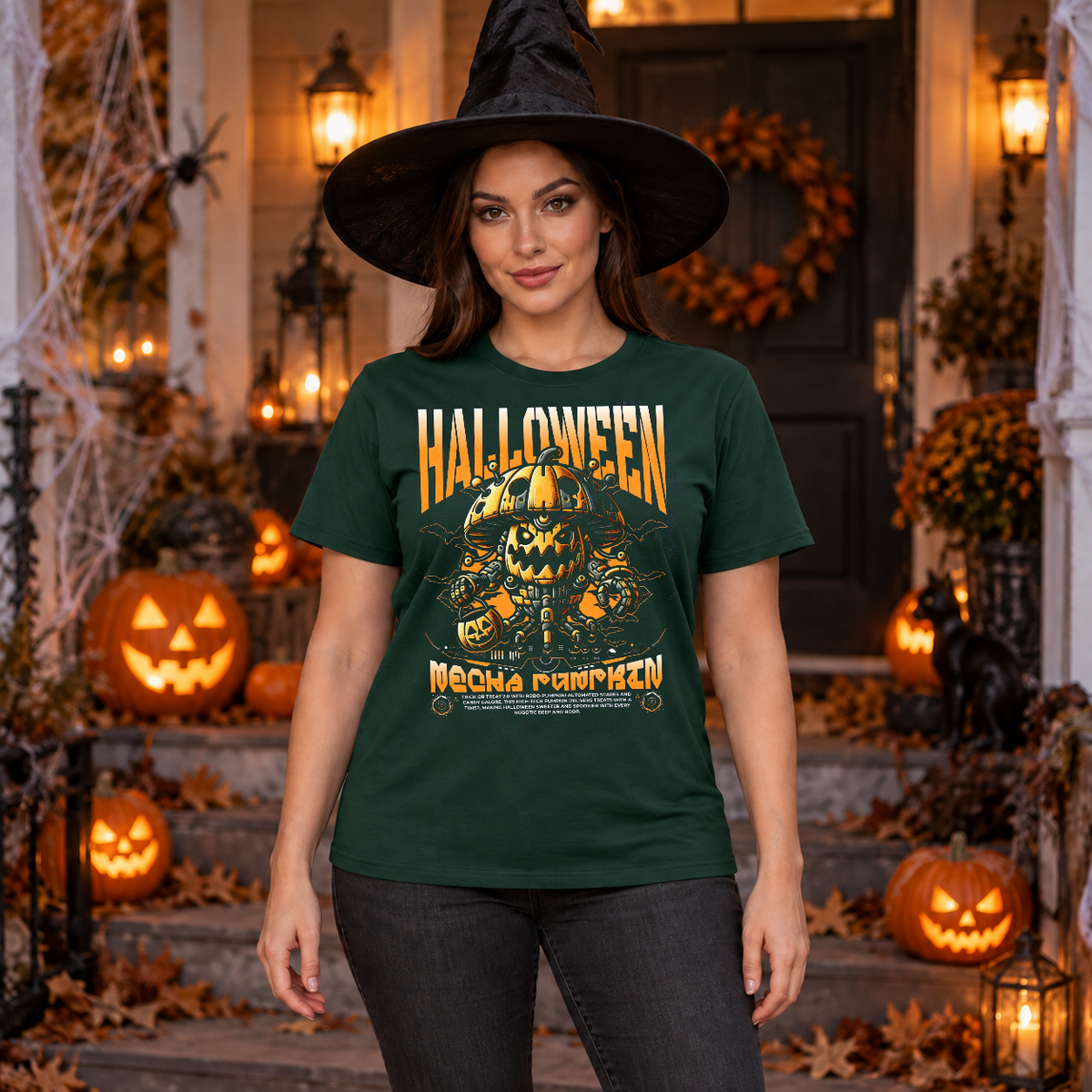 Halloween Pumpkin Sci-fi Future Trick Or Treat T-Shirt – Halloween Streetwear Graphic Graphic Tee - Color: forest green