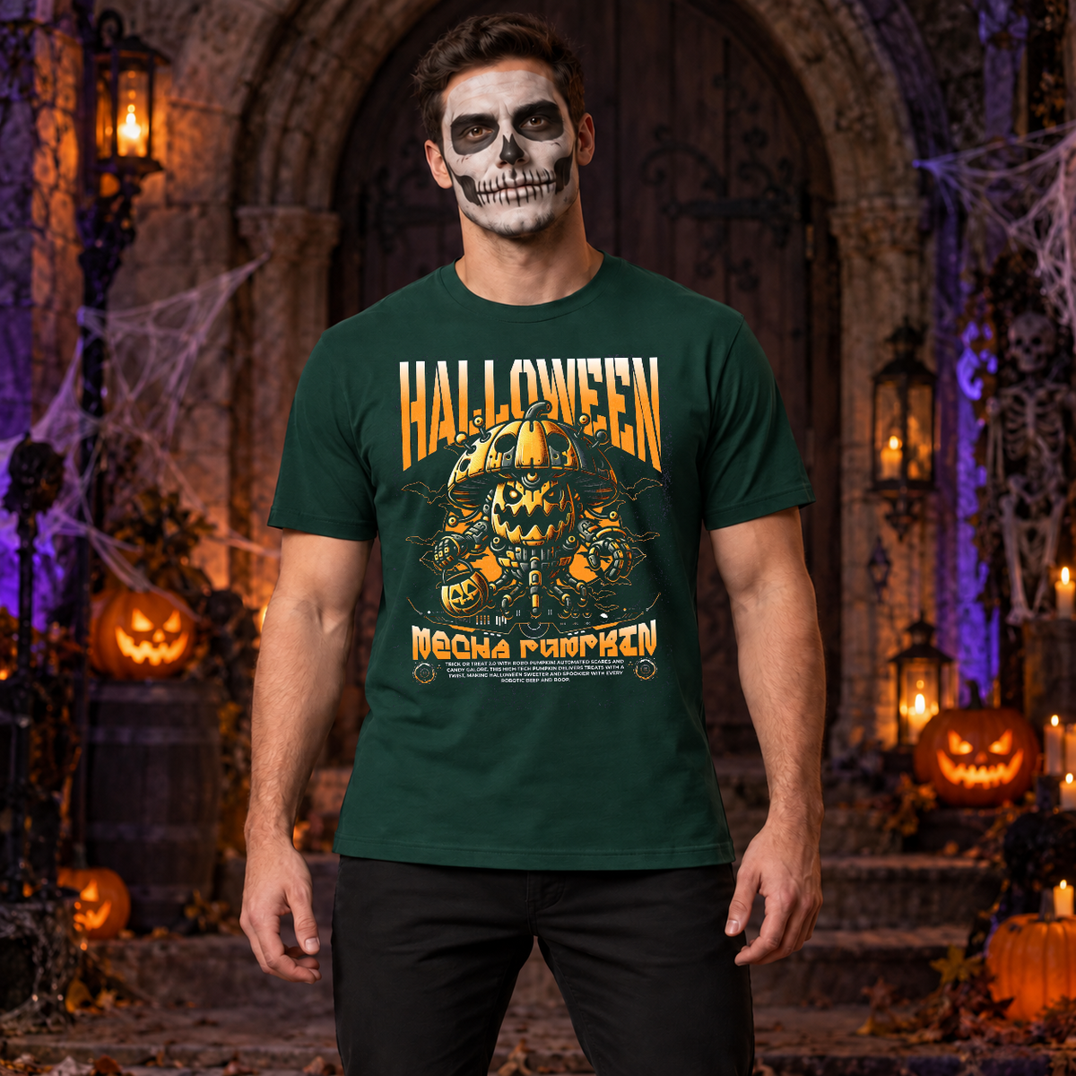 Halloween Pumpkin Sci-fi Future Trick Or Treat T-Shirt – Halloween Streetwear Graphic Graphic Tee - Color: forest green