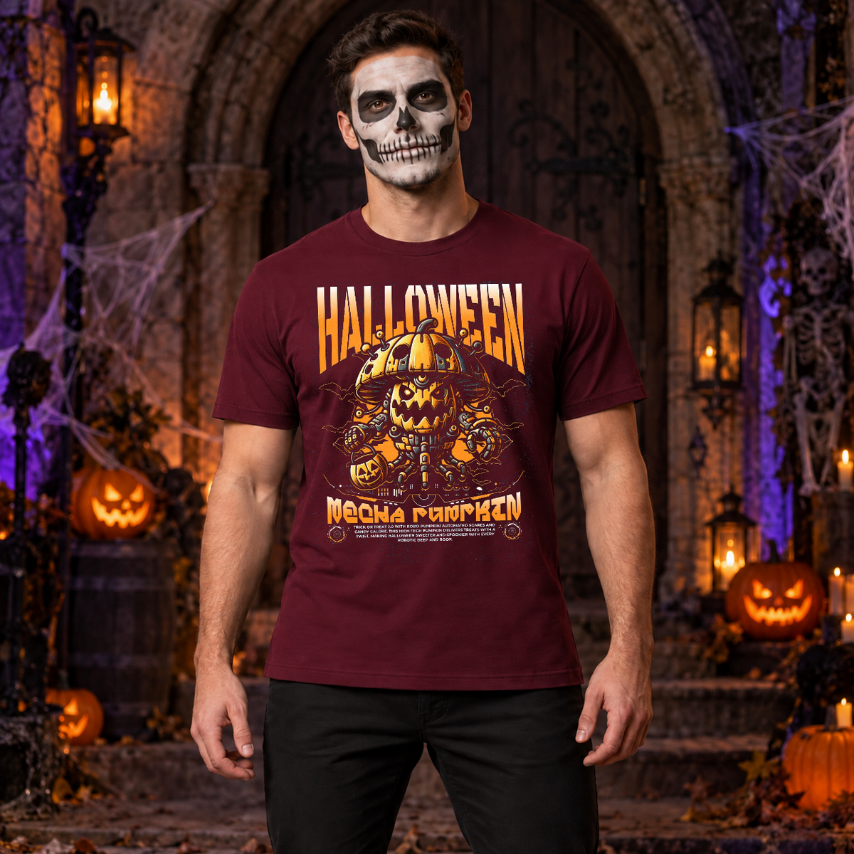 Halloween Pumpkin Sci-fi Future Trick Or Treat T-Shirt – Halloween Streetwear Graphic Graphic Tee - Color: maroon