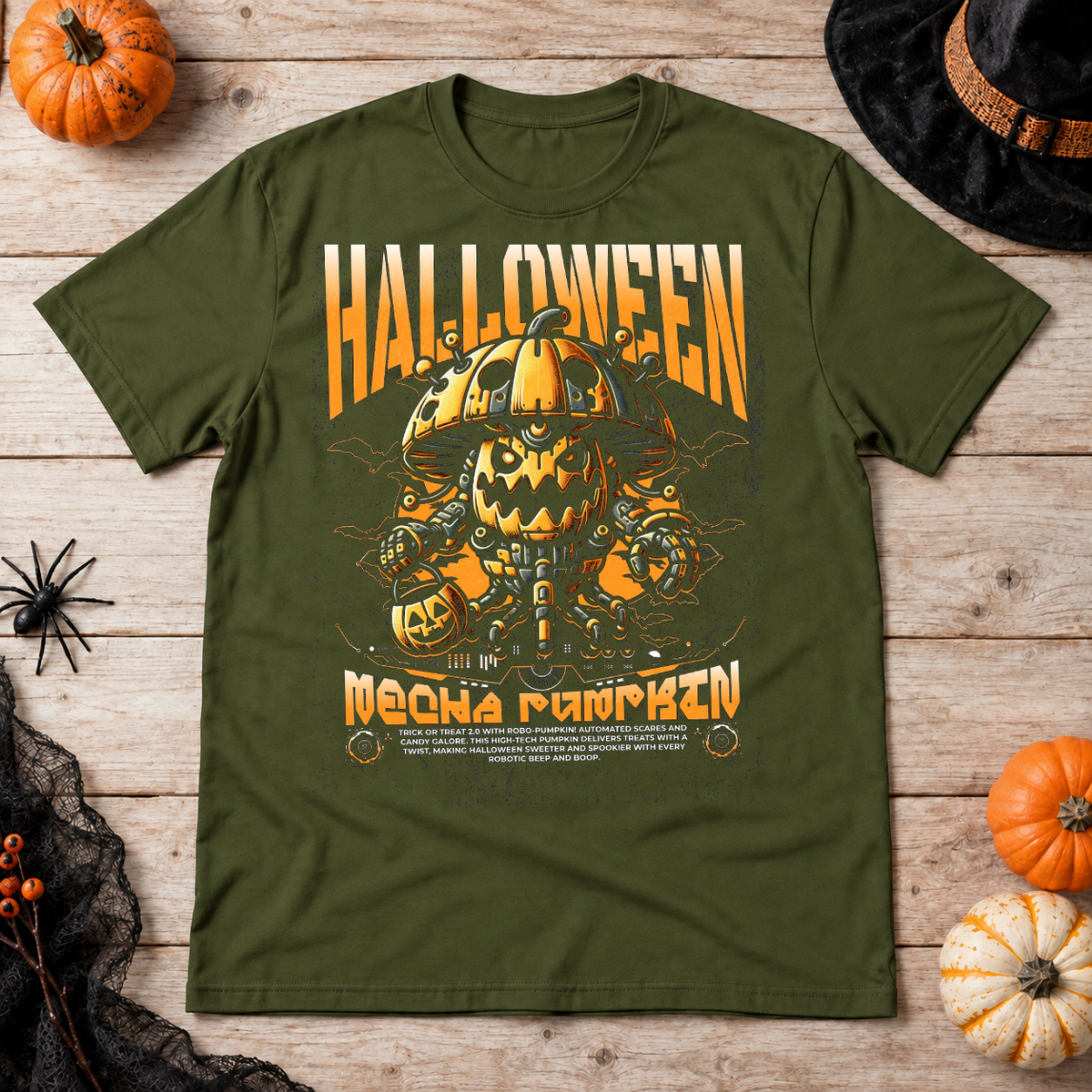 Halloween Pumpkin Sci-fi Future Trick Or Treat T-Shirt – Halloween Streetwear Graphic Graphic Tee - Color: military green