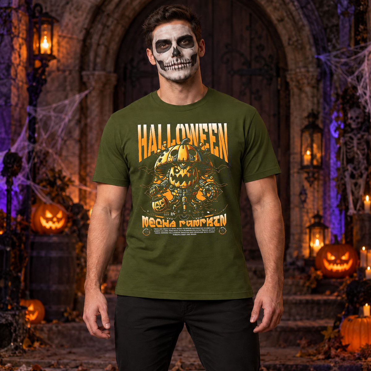 Halloween Pumpkin Sci-fi Future Trick Or Treat T-Shirt – Halloween Streetwear Graphic Graphic Tee - Color: military green
