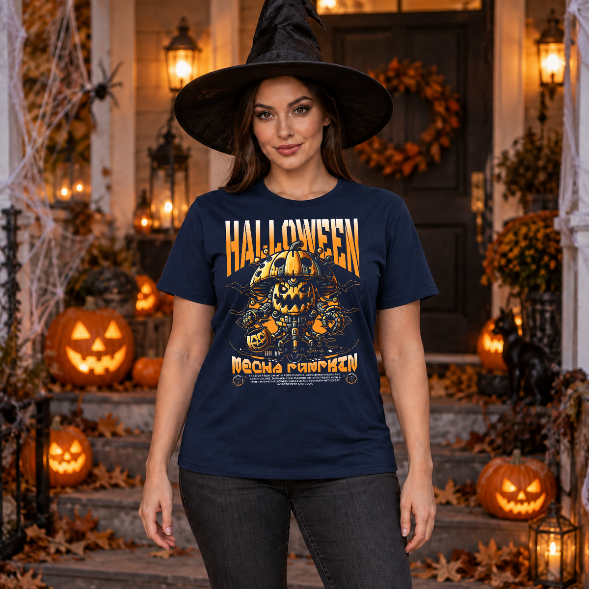 Halloween Pumpkin Sci-fi Future Trick Or Treat T-Shirt – Halloween Streetwear Graphic Graphic Tee - Color: navy