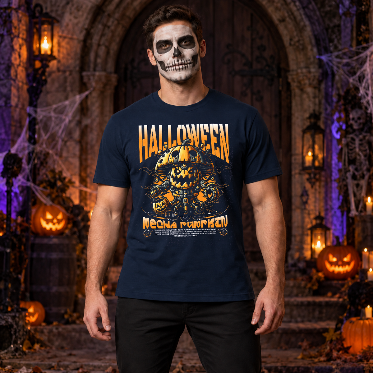 Halloween Pumpkin Sci-fi Future Trick Or Treat T-Shirt – Halloween Streetwear Graphic Graphic Tee - Color: navy