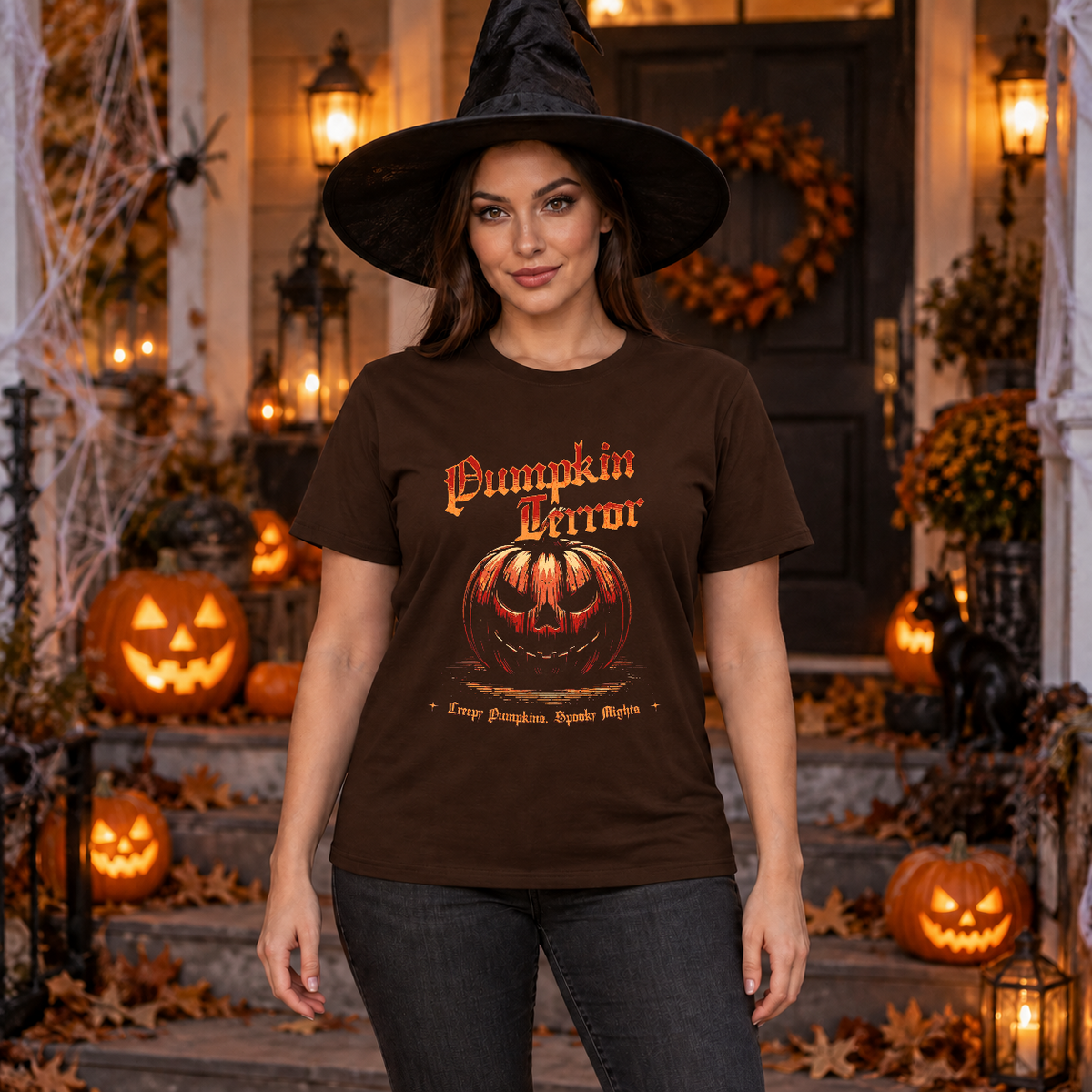 Halloween - Spooky Pumpkin T-Shirt – Halloween Streetwear Graphic Graphic Tee - Color: chocolate