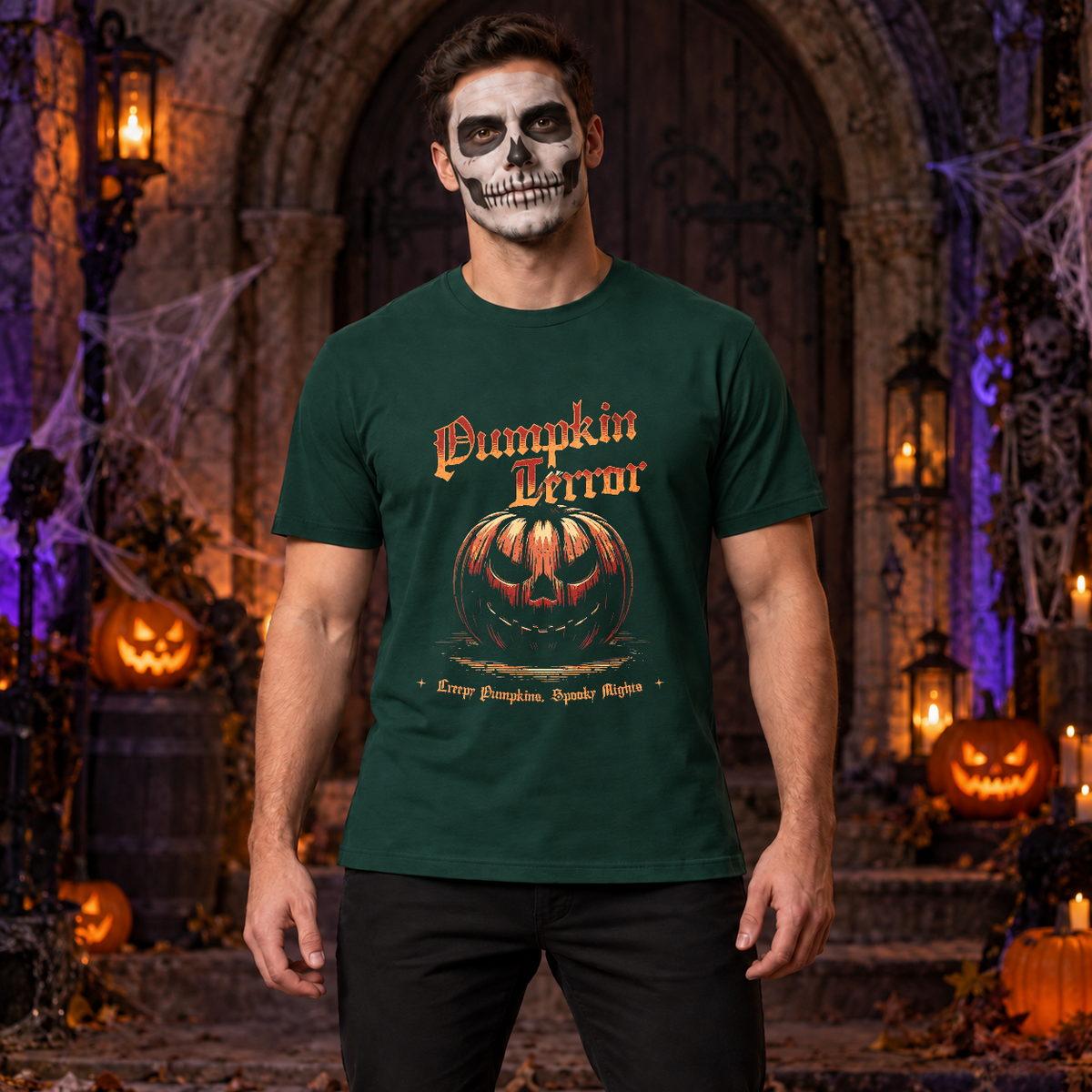 Halloween - Spooky Pumpkin T-Shirt – Halloween Streetwear Graphic Graphic Tee - Color: forest green