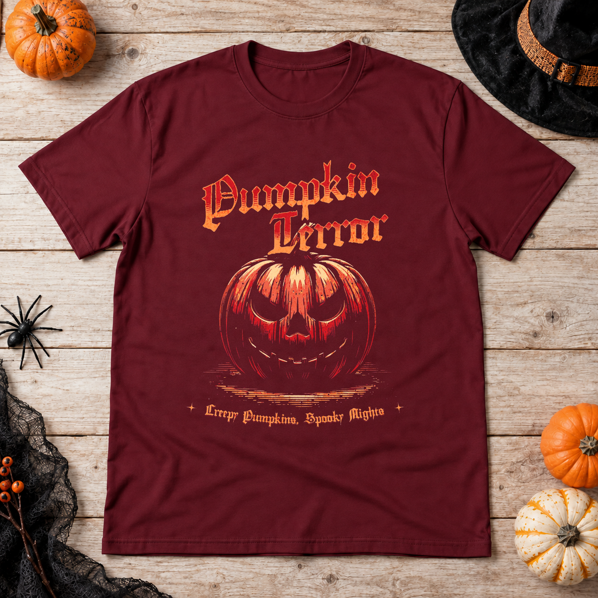 Halloween - Spooky Pumpkin T-Shirt – Halloween Streetwear Graphic Graphic Tee - Color: maroon